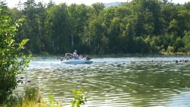 Verliebte fahren in einem Boot auf einem See. Freunde entspannen gemeinsam auf dem Wasser. die schöne Natur ringsum — Stockvideo