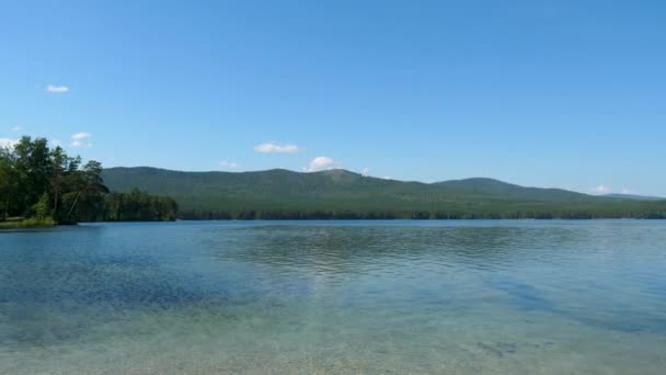 Hermosa agua azul clara en la orilla del lago. Paisaje forestal en la costa reflejado en el agua — Vídeos de Stock
