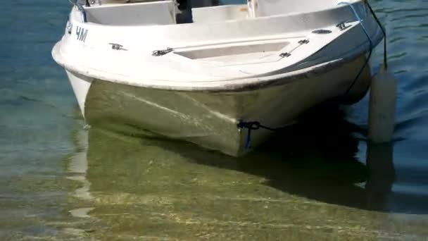 Boat near shore , crystal clear water. Boat swims up to the shore of the lake so the people went ashore — Stock Video