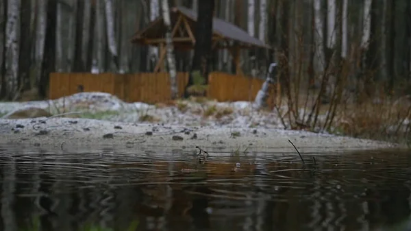 První sněhová pokrývka na nudné a šedivé, ale klidné den staré dřevěné molo. Molo na jezeře, forest lake shore rain a sněhu. Zrcadlo hladinu jezera, Les je pokryta první sníh — Stock fotografie