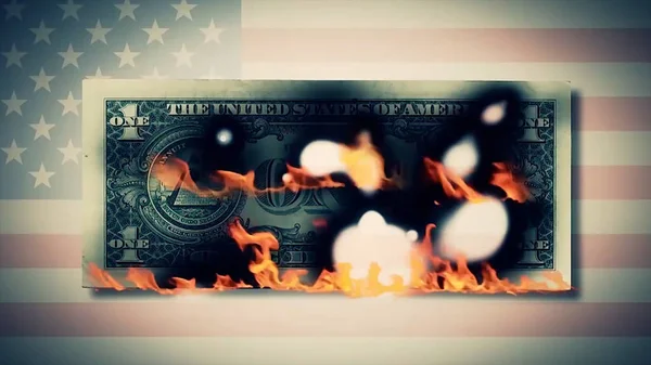 Bruciare banconote da un dollaro di animazione. dollaro del fuoco. Una banconota da cento dollari bruciata. Su una banconota da un dollaro. primo piano — Foto Stock