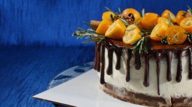 Bir bisküvi pasta önden görünümü. Meyve ve çiçekler ile pasta. Ön görünüm tanımlama bilgisi ve kremalı pasta kapatın. Çikolatalı kek ve kurabiye krem tepesi kakao dekore edilmiştir.