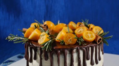 Bir bisküvi pasta önden görünümü. Meyve ve çiçekler ile pasta. Ön görünüm tanımlama bilgisi ve kremalı pasta kapatın. Çikolatalı kek ve kurabiye krem tepesi kakao dekore edilmiştir.