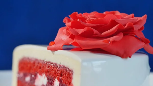 White cake with chocolate ornaments and red marzipan rose on dark blue background. cake decorated with edible red roses close up — Stock Photo, Image