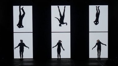 Dans gölgeler. Sahne Alanı'nda dans dansçılar. Dansçılar siluetleri. Dans gölgeler. 3D dans gösterisi
