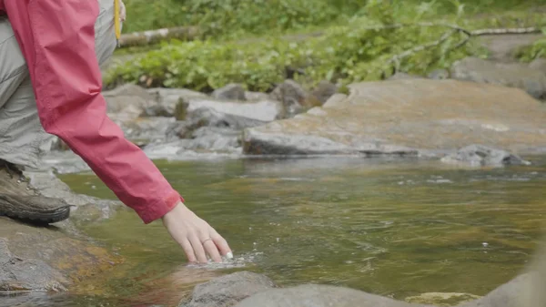 Ung kvinna röra vattnet i floden i skogen. Unga turist berör river handen — Stockfoto