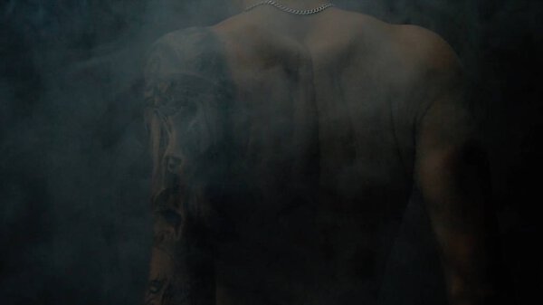 A man with a tattoo on her back posing. Smoke on a dark background. Girls with tatoo. Pople with tatoo stand and poing in dark room with smoke. animal tattoos on people skin. body parts, arms, back