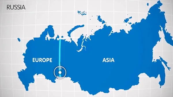 La división de Europa y Asia en el mapa. la ciudad Ekaterinburg divide Europa y Asia. Eurasia en el mapa Animación. Eurasia. Animación de Ekaterimburgo — Foto de Stock