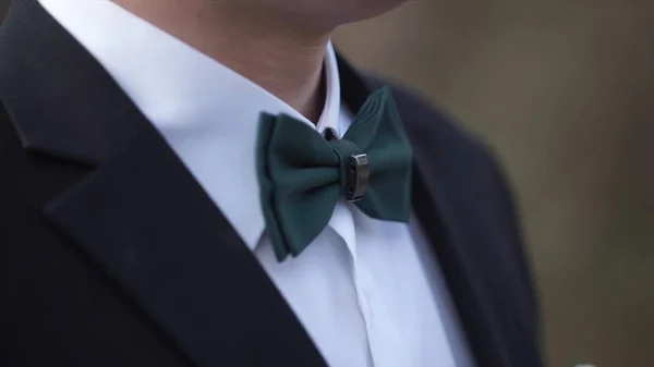 Primer plano en nerd, hombre con pajarita. Manos de hombre toca pajarita en un traje o esmoquin. hombre con camisa y pajarita —  Fotos de Stock