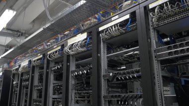 Bitcoin madenciler dizi kablolu raflar kurmak. Bilgisayar Bitcoin araştırma için. madencilik makine için anakart için kabloları takın. Cryptocurrency bilgisayar birçok çevresel yuva ile