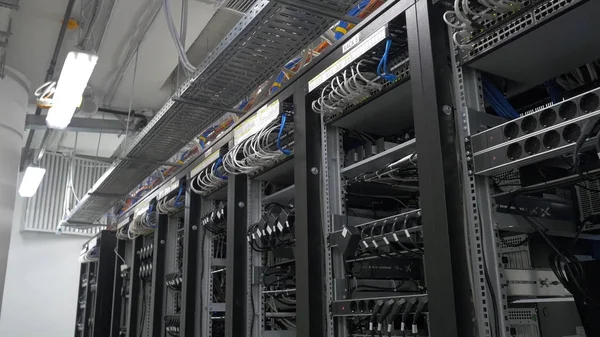 Fila de mineros bitcoin instalados en los estantes cableados. Computadora para minería Bitcoin. cables enchufables a la placa base para la máquina minera. Computadora criptomoneda con muchas ranuras periféricas — Foto de Stock