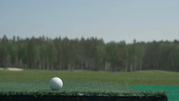 El palo en la pelota. Un club de golf en un campo de golf. Equipo de golf, pelota de golf y palo. Curso de deporte —  Fotos de Stock