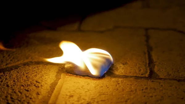 Feu de bois avec du bois sur ciment. Charbon de feu sur le sol en pierre — Photo