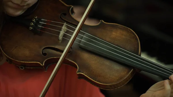 Les filles donnent les cordes d'un violon. Les filles main sur le violon à clavier . — Photo