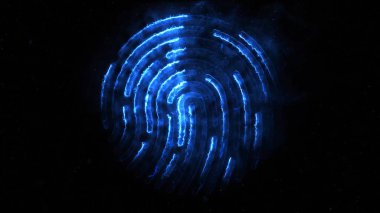 Amination of clorful fingerprint. Animation of appearance and disappearance of fingerprint with sparks on black background. Glowing Colorful Tracing Fingerprint Loop with Matte clipart