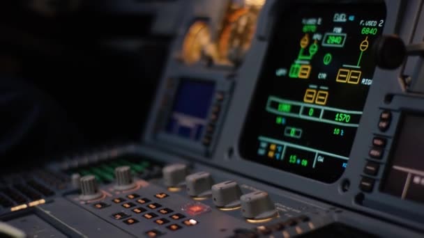 Autopilot control element of an airliner. Panel of switches on an aircraft flight deck. Thrust levers of a twin engined airliner. Pilot controls the aircraft. Onboard computer, cockpit — Stock Video