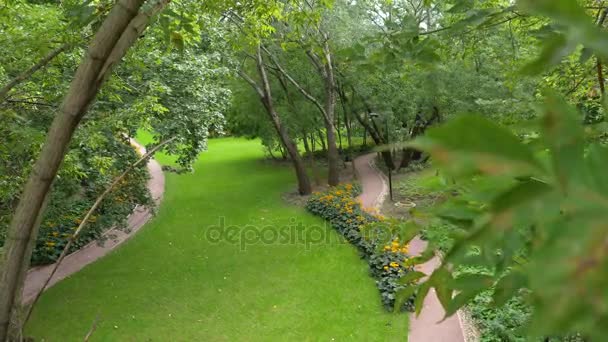 Stadspark op zonsondergang tijd. Landschap van gras veld en groene omgeving openbaar park gebruik als natuurlijke achtergrond. Groen grasveld in het grote stadspark — Stockvideo