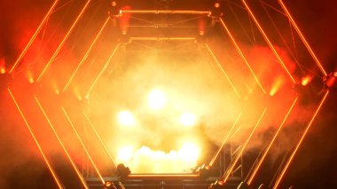 Duman ve spot ışıkları ile sahne. Sunu kavramı. Modern podyum veya bir sahne ışıkları ve duman