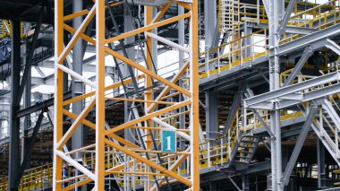 Yükleme işlemi yapıları içinde belgili tanımlık geçmiş Petrokimya Rafinerisi bitkilerin tankla, iskele. Büyük çelik yapıları için bitki