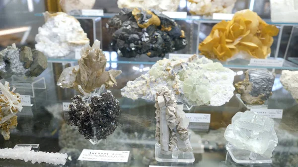 Различные коллекции минеральных камней на выставке в музее. Музей минералов — стоковое фото