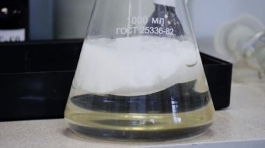 Kimyasal beyaz sıvı bir bilim araştırma laboratuvarı bir kimya deneyi için laboratuvar cam Erlenmeyer konik şişesi dolu
