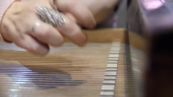 Geigenbauerin überprüft in ihrer Musikinstrumentenwerkstatt die Bauqualität eines Klassikers. Frau überprüft Musikinstrument — Stockvideo