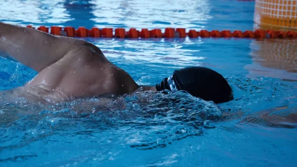 Banner de atleta nadador de rastreo deportivo de piscina. Hombre haciendo la técnica de estilo libre en el entrenamiento de carril de la piscina de agua para la competencia. Vida activa saludable. Movimiento lento —  Fotos de Stock