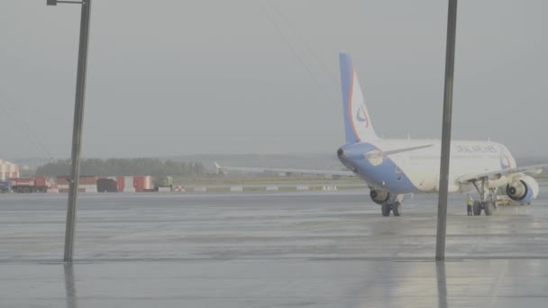 エカテリンブルク, ロシア連邦 - 2017 年 8 月: 乗客の飛行機格納庫の前に旅客機のサービスのための準備します。全体の平面と貫通路の後ろに、格納庫の飛行機. — ストック動画