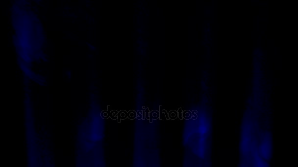 Proyector azul y humo sobre fondo negro. Fondo oscuro abstracto con proyectores de escenario azul brillante. Luces y humo. Fila de luces azules de un escenario . — Vídeo de stock