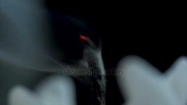 Κοντινό πλάνο της φλόγας ενός κεριού πάνω σε μαύρο φόντο. Λευκό κερί με σκούρο φόντο. Αναμμένα κεριά σε σκούρο φόντο με θερμό φως — Αρχείο Βίντεο