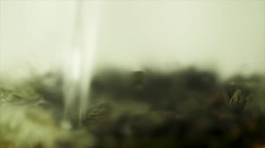 Çay yüzen su kaynattım. Makro. Çay ile bir su ısıtıcısı içine kaynar su dökülür. Kaynar su ile karışık meyve ve siyah çay bir fincan için su ısıtıcısı dökme