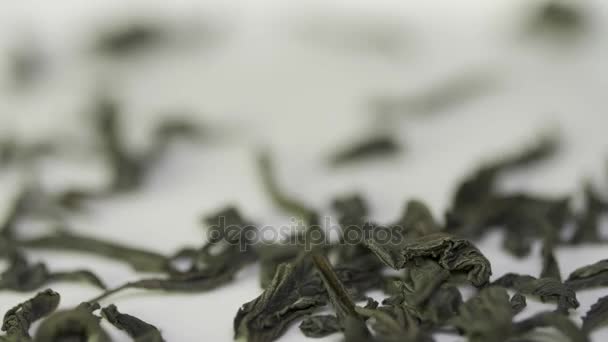Alá tartozó szárított zöld tea levelek, fehér háttérhez képest. Tea csepp fehér háttér — Stock videók
