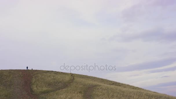 Visão traseira do homem em pé na colina. Visão traseira do homem olhando para a bela paisagem com campos agrícolas e montanhas.Turista desfrutando de bela paisagem — Vídeo de Stock