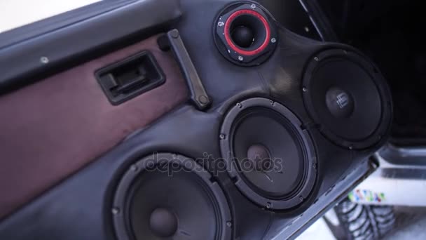 Auto audiosysteem close-up honingraat vooraan deurpaneel, auto radio speaker. Muziek speakers in de deuren van de auto — Stockvideo