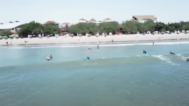 Ευτυχισμένος surfers βόλτες με το κύμα στον ωκεανό και χαμόγελα. Βίντεο. Τέλεια ηλιόλουστη ημέρα, κρυστάλλινα νερά και τροπικό νησί. Επαγγελματική surfers βόλτα στο μπλε κύμα. Χειμώνα σερφ στον ωκεανό. Εναέρια — Αρχείο Βίντεο