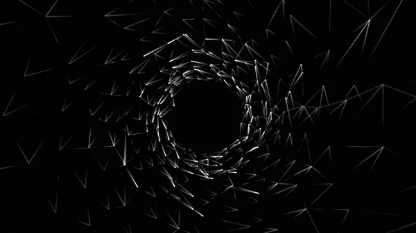 Abstract background with animation of white geometric shapesin and abstract futuristic tunnel with light. Animation of seamless loop. animation of rotation circles and rings with light rays and glow