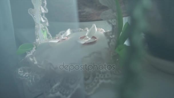 Anillos de boda en una cesta. Clip. Anillos de boda dorados en una pequeña cesta decorada con cintas blancas, perlas y plumas — Vídeos de Stock