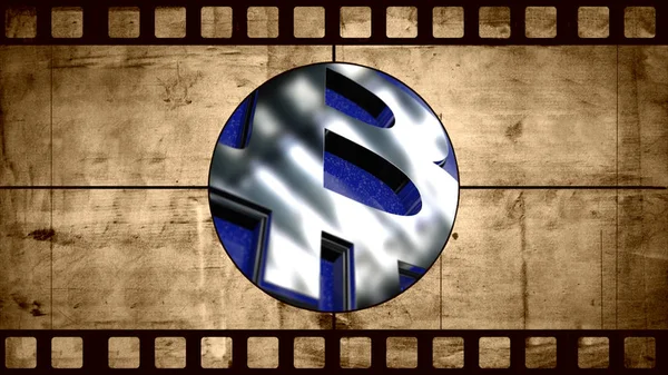 Animaci starých negativní film s Bitcoin symbol. Digitální měna. Bitcoin znamení na modrém pozadí. Blockchainových technologií. Abstrakce. CGI — Stock fotografie