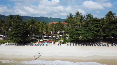 Üstten Görünüm Paradise Beach. Güzel tropik ada kum plaj, palmiye ağaçları ile. Havadan görünümü adanın tropik Beach. Tropikal peyzaj: palmiye ağaçları ile plaj. Deniz manzarası: Okyanus, gök, deniz.