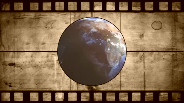 Animation of old negative film with earth, galaxy and sun. Planet earth in space animation. Day and night on planet Earth. View from space. — Stock Video