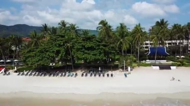Üstten Görünüm Paradise Beach. Güzel tropik ada kum plaj, palmiye ağaçları ile. Havadan görünümü adanın tropik Beach. Tropikal peyzaj: palmiye ağaçları ile plaj. Deniz manzarası: Okyanus, gök, deniz