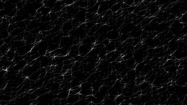 Abstracte bewegende achtergrond. Driehoeken, stippen en lijnen in contact met glans op zwarte achtergrond. Chaotische deeltjes met willekeurige grootte. Twisted massieve deeltjes met gloed. Loopbare volgorde. — Stockvideo