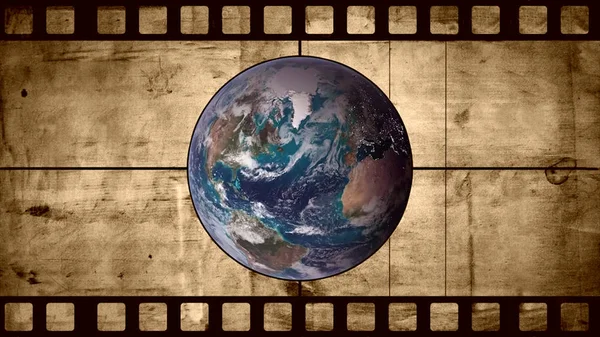Animation of old negative film with plant earth from cosmos animation. Planet earth view from space animation. Imaginary view of earth. The ocean from space