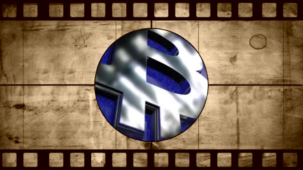 Animation eines alten Negativfilms mit Bitcoin-Symbol. Digitalwährung. Bitcoin-Zeichen auf blauem Hintergrund. Blockchain-Technologie. Abstraktion. cgi — Stockvideo