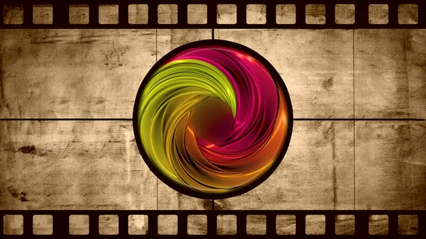 Animation of old negative film with cycle of multicolored wavy lines. Shiny glowing neon circle swirl abstract motion design
