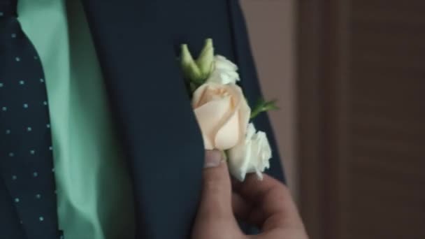 O noivo ajusta boutonniere de casamento. Clipe. Groom boutonniere em um homem corrige sua mão de bolso — Vídeo de Stock