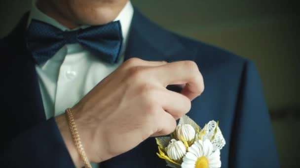 Ženich upraví svatební boutonniere. Klip. Ženicha boutonniere na muže opravuje ruce pocket — Stock video