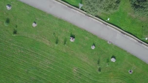 Green Park y sus extensos céspedes en un soleado día de primavera. Clip. Aérea de avión no tripulado volador de un parque de la ciudad con sendero y árboles de zona verde — Vídeo de stock