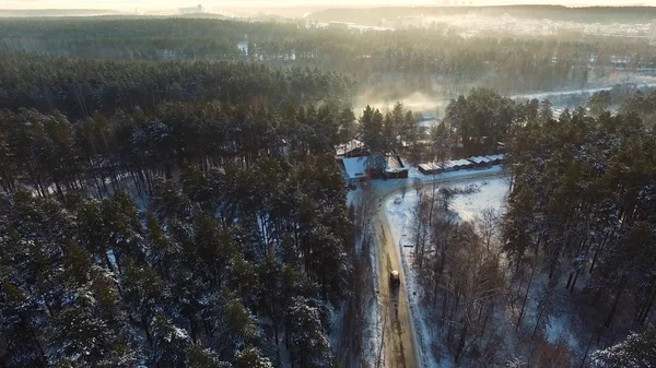 Vliegen boven de auto rijden door besneeuwde bos bij Gouden winter zonsopgang. Beeldmateriaal. Luchtfoto van bovenaf vliegen. Witte volgwagen bewegen op kronkelende weg in winter met sneeuw bomen bos — Stockfoto