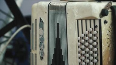 Yakın çekim panoramik bir kadeh eski nadir akordeon kötü durumda. Küçük. Müzik aleti